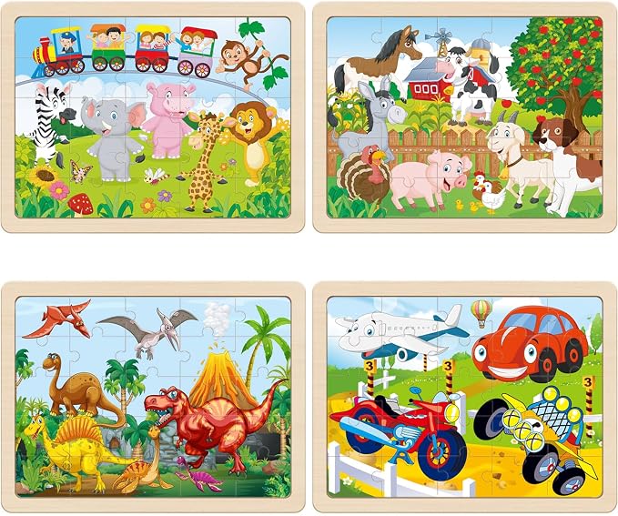 Wooden Jigsaw Puzzles for Kids Ages 4-6, 4-Pack 24-Piece Puzzles Toy | Wood Puzzles Set, Toddler Brain Teaser Toys, Gifts for Boys Girls Ages 3 4 5 6
