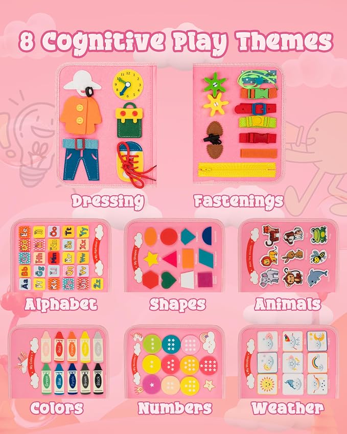 Pink Montessori Busy Board for Toddlers,8-Page Sensory Activity Book for Fine Motor Skills & Basic Dress Learning, Portable Travel Toy for Preschool Kids, Portable Travel Gift for Preschool Girls
