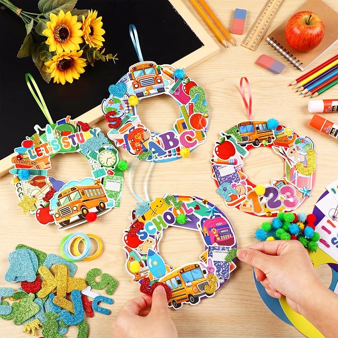 Hollowfly 48 Sets Back to School Crafts Kits, DIY Wreath with Stickers | School Themed Hanging Decor for Kids Classroom, Foam Stickers Included, First Day Party Favors Make Your Own Activities