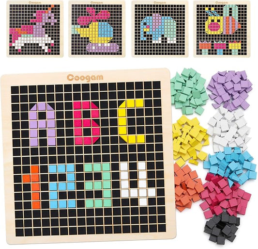 Coogam Wooden Mosaic Puzzle, 370PCS Shape Pattern Blocks with 8 Colors, Pixel Board Game Montessori STEM Toys Gift for Kids Toddlers Boys Girls Ages 4 5 6 7 Years Old