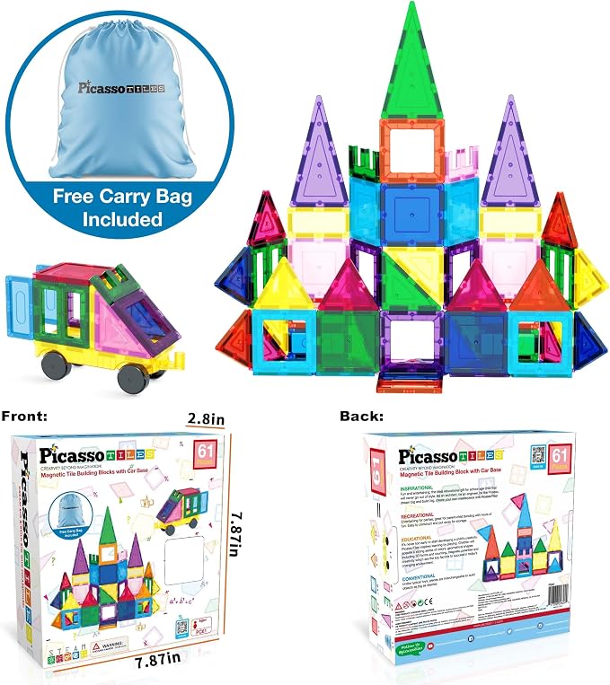 PicassoTiles Magnet Tile Building Blocks with Car Base Drawstring Storage Travel Bag Carry Case Magnetic Tiles Construction Toy STEM Learning Educational Kit Sensory Playset Preschool Kids 3+