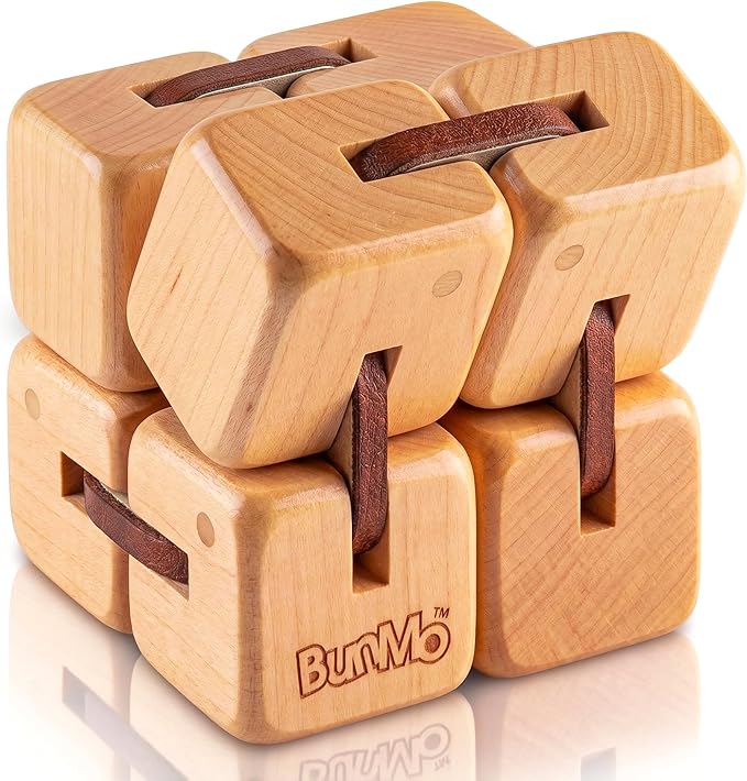 BunMo Wooden Fidget Cube – Beechwood Infinity Cube Fidget Toy, Larger One Pack – Smooth Folding Pocket Fidget, Natural Wood Sensory Cube for Desk or Travel