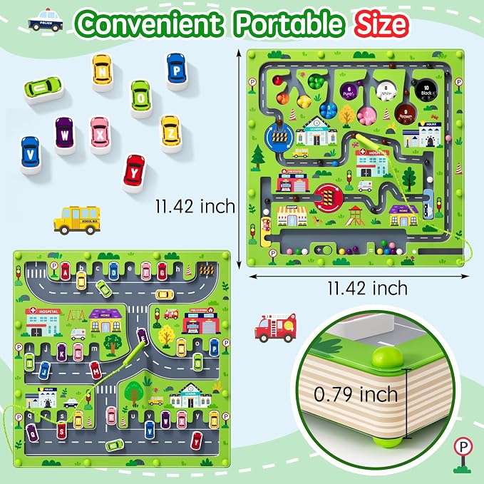 rifamee 2 in 1 Magnetic Color and Number Maze Magnet Alphabet Counting Double Sided Board Wood Puzzle Fine Motor Skills Montessori Preschool Toys Gifts for Boys and Girls 3-5 Age (Big Car, One Size)