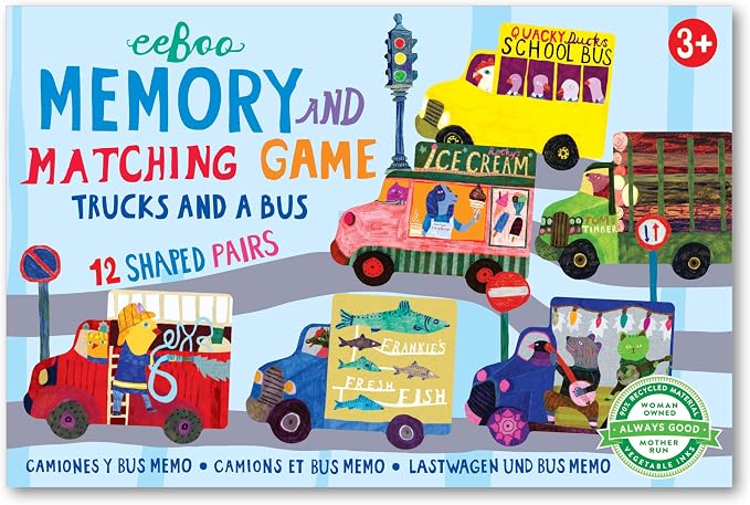eeBoo Little Trucks and a Bus Memory & Matching Game, Ages 3+, 1-4 Players | Introduces trucks & buses. Sharpens recognition, concentration & memory skills. Includes 24 vehicle tiles, 12 pairs