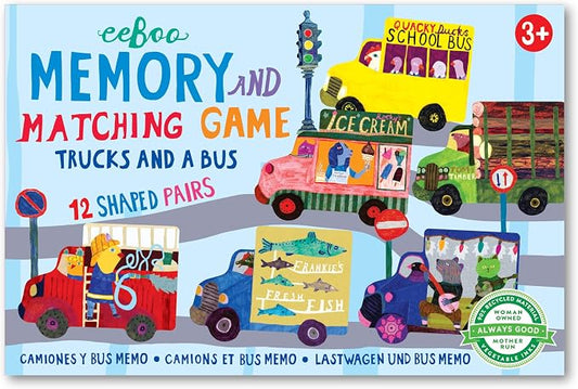 eeBoo Little Trucks and a Bus Memory & Matching Game, Ages 3+, 1-4 Players | Introduces trucks & buses. Sharpens recognition, concentration & memory skills. Includes 24 vehicle tiles, 12 pairs