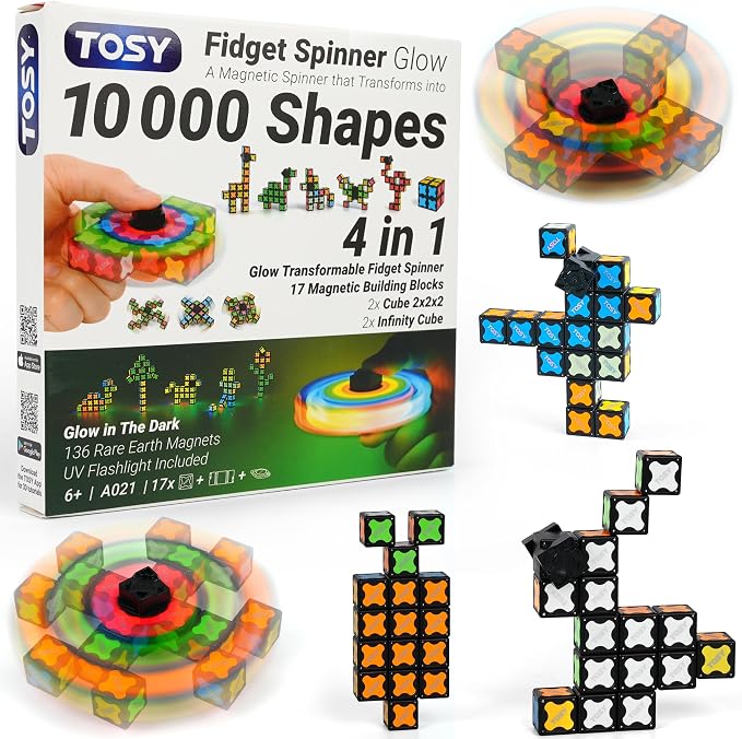 TOSY Magnet Fidget Spinner Glow - 16 Blocks, 3 in 1 Toy: Transformable Fidget Spinner, Infinity Cube, 2x2 Puzzle Cube, Glow, Stress Relief, STEM Magnet Tiles Birthday Gift for Kids/Boys/Girls/Adults