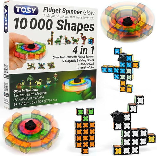 TOSY Magnet Fidget Spinner Glow - 16 Blocks, 3 in 1 Toy: Transformable Fidget Spinner, Infinity Cube, 2x2 Puzzle Cube, Glow, Stress Relief, STEM Magnet Tiles Birthday Gift for Kids/Boys/Girls/Adults