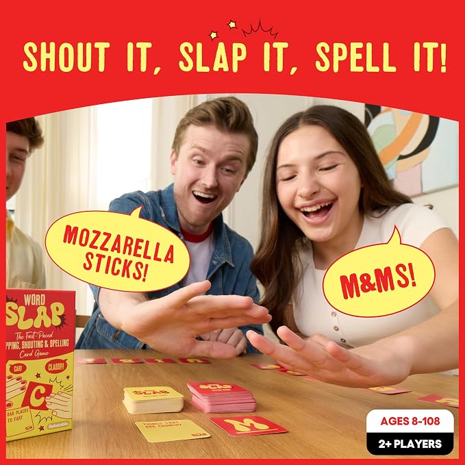Word Slap by Relatable - Shout It, Slap It, Spell It. A Fast Paced Word Game and Thinking Game Built for Family Game Night, Party Games and Brain Games for Kids – Includes 165 Letter & Category Cards.