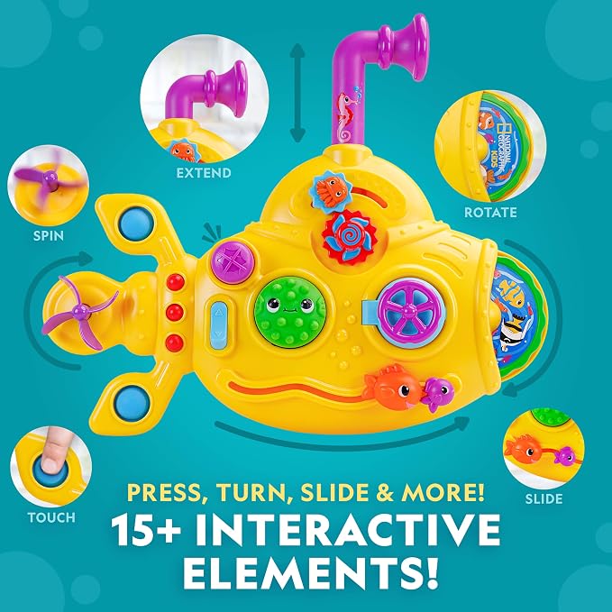 National Geographic Kids Submarine Busy Board for For 1+ Year Old | Toddler Sensory Board, Activity Board, 15+ Interactive Elements, Fine Motor Skills, Cause & Effect Play