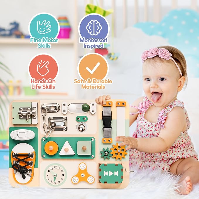 Montessori Busy Board for Baby & Toddlers 1-3 | Wooden Sensory Activity Board with 13 Activities, Real Metal Locks & Latches | Fine Motor Skills Educational Toy for 1 2 3 Year Old
