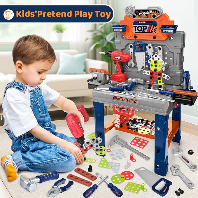 Kids Tool Bench with Electric Drill, Toddler Tool Set for Boys Ages 3-5 6-8 | 132 Pcs Kids Tool Set with Toddler Tool Box & Tool Bench, Christmas Birthday Gifts Toys for Boys Ages 3 4 5 6 7 8+ (Orange)