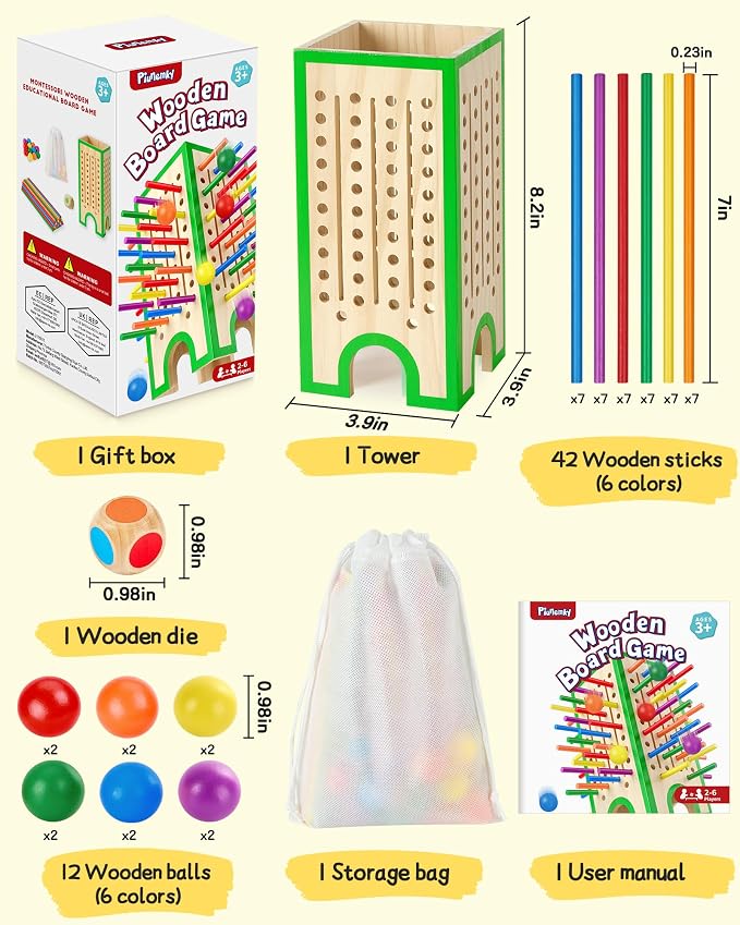 Montessori Wooden Board Game Ages 4-8 Fine Motor Toy | Water-Based Paint, Smooth Finished Edges, Family Night, Color Matching, 12 Balls, Storage bag, Ideal Gift