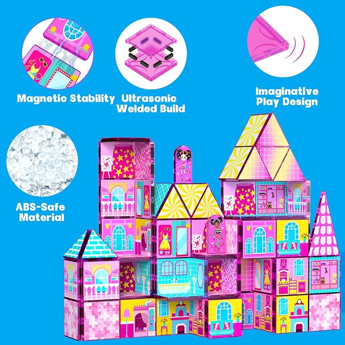 Magnetic Tiles 52PCS Magnetic Building Blocks for Kids Ages 3-5 4-8, STEM Montessori Preschool Classroom Must Haves, Toddler Sensory Educational Toys for Boys Girls, Christmas Birthday Gift(Pink)