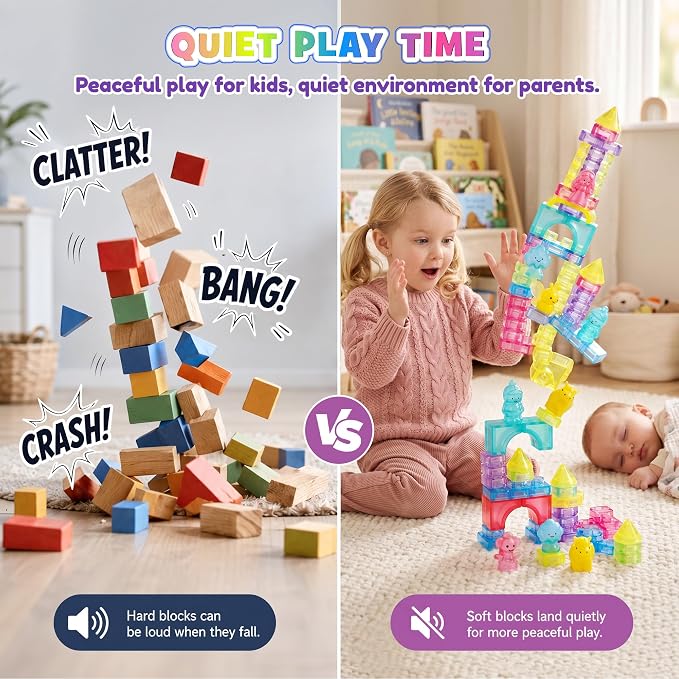 JOY SPOT! 54 PCS Soft Building Blocks for Toddlers, Sensory Squishy Blocks | Preschool Educational Creative Play, Montessori Squeezable, Stretchable Early Learning Construction Playset, Puzzle Blocks