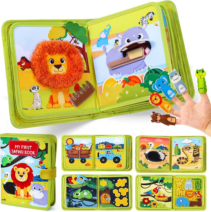 Gigilli Busy Book for Toddlers 1-3, 20 Activities Montessori Toy Busy Board | 6 Finger Puppets, Wild-Animal Educational Learning Quiet Activity, Travel Toys Birthday Gifts for Boys Girls