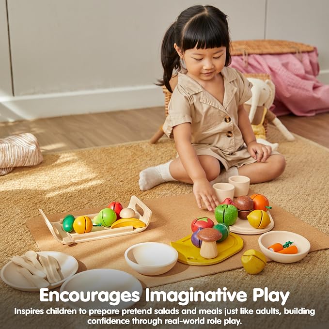 PlanToys® Wooden Assorted Vegetable Set Montessori Play Food for Toddlers | tomato, mushroom, shallot, pepper, cucumber, fruits and vegetables toys, girls, boys, fine motor role play social gift set
