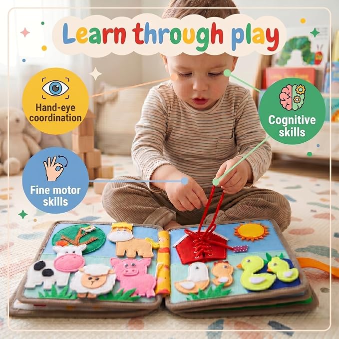 LUMS Busy Book for Toddlers 1-3 - Montessori Busy Board, Toddler Activity Book Ages 2-4, Felt Quiet Sensory Learning Travel Toy for 1 Year Old, Car & Airplane Rides