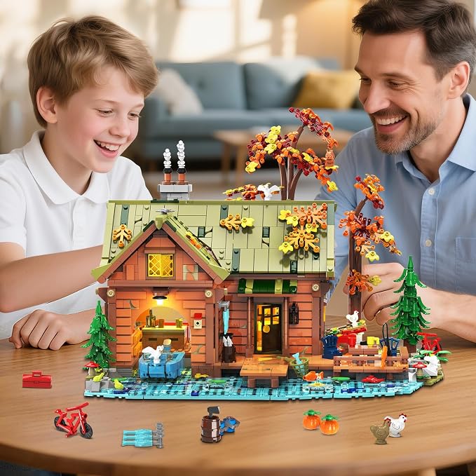 INSOON Overwater Cabin Building Set with Lights for Adults,Forest House Kit | 2423 PCS Wooden Treehouse Building Block Toy with Botanical Boat Animals, Construction Model Gift for Teens Boys Girls 12+