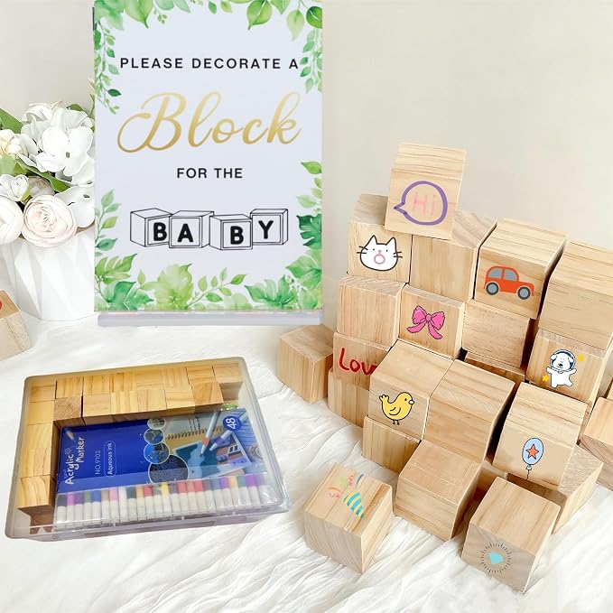 156-Piece Baby Shower Building Block Game Set, featuring 58 plain wooden blocks, 48 markers, 48 templates, 1 game instruction card, and 1 storage box—specially designed for parties (Leaves Theme)