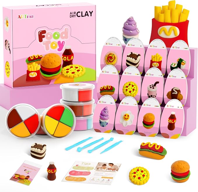 ARTPAR Air Dry Clay for Kids,12 Mini Food Modeling Magic Clay Sculpting Kit | Safe Non-Sticky,Ultra Light & Soft,Arts & Crafts Fun Playset Kitchen Toys,Home Party Favors for Boys Girls 3+ Years