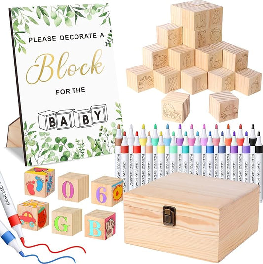 Baby Shower Blocks Game Set with Wooden Box, Acrylic Markers & Wooden Sign for Baby Shower Games, Gender Reveal & Decorations (GreenLeaves)