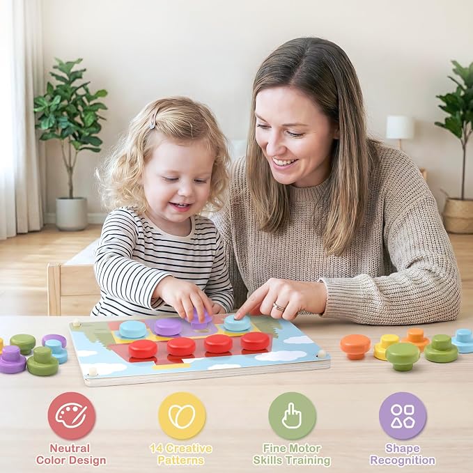 Joyreal Wooden Montessori Toys for 2 3 4 Year Old Girls Boy Birthday Gifts | Button Art Puzzle Game for Toddlers 2-4, Color Matching Pegboard for kid Preschool Learning Educational, Focus & Coordination