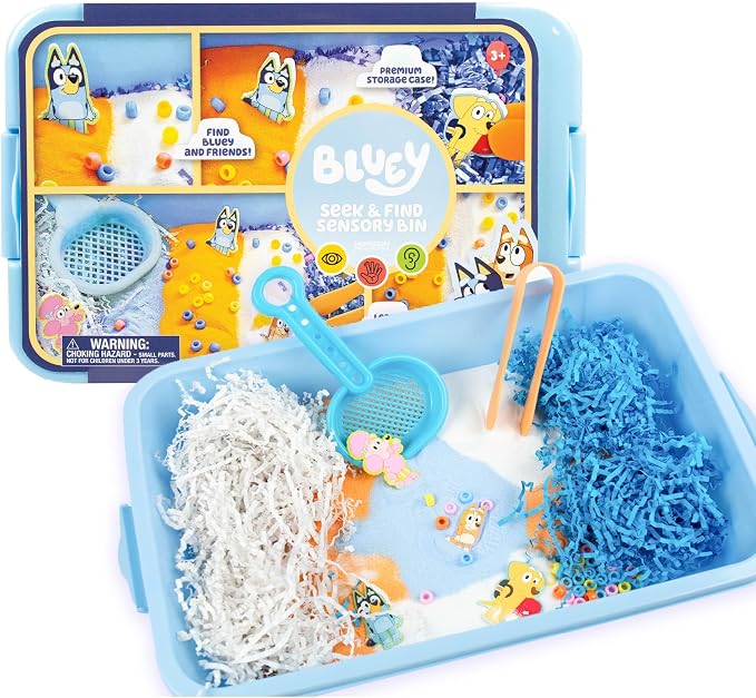 Official Bluey Seek & Find Sensory Bin, Ready-to-Use Sensory Toys, Sensory Bin for Kids with Lid, Play Sand, Scoops & Tongs, Exclusive Toys for Toddlers 3-4