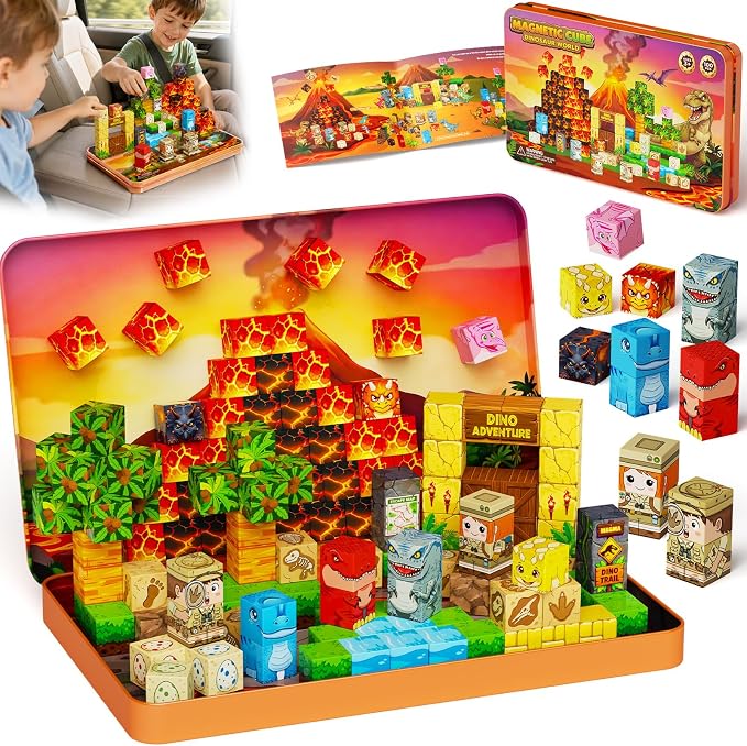 Dinosaur Magnetic Blocks Travel: 1.48lb 100PCS Volcano Tin Set | 7 Dinos 2 Explorers 60-Min Multi-Kid Story, N32 Quiet Road Trip Car Airplane Activities Toys for Kids Boys Girls Ages 3-8