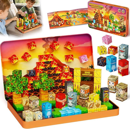 Dinosaur Magnetic Blocks Travel: 1.48lb 100PCS Volcano Tin Set | 7 Dinos 2 Explorers 60-Min Multi-Kid Story, N32 Quiet Road Trip Car Airplane Activities Toys for Kids Boys Girls Ages 3-8