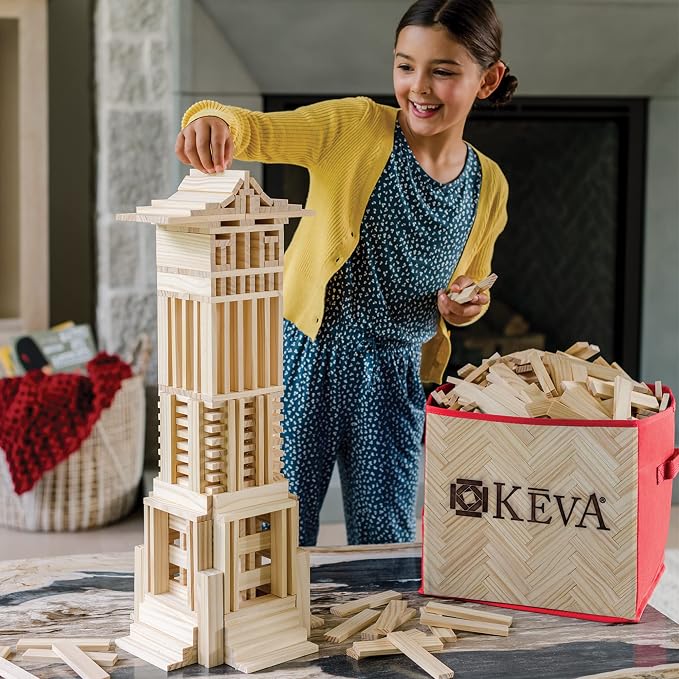 MindWare KEVA Structures 600 Plank Wooden Building Blocks Set, Includes 600 Pine KEVA Planks, 30 Idea Cards and Collapsible Storage Bin