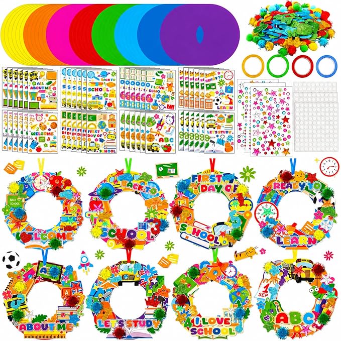 Hollowfly 48 Sets Back to School Craft Kits DIY Wreath for First Day | 8 Wreath Designs, Lightweight Foam Ornaments, Make Your Own School Craft, First Day Activities Back to School Party Favors