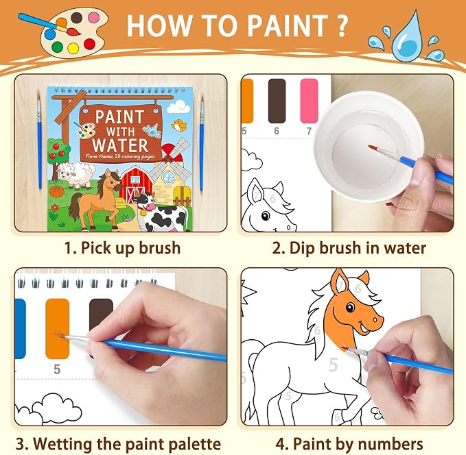 SOCOLER Paint with Water Coloring Books for Toddlers, Farm Theme Mess Free Watercolor Painting Papers for Kids Water Color Paint Kit Art Craft Gift for Ages 1-3, 4-8