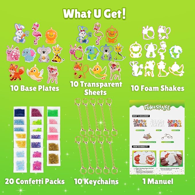 Fun Shake Glitter Craft Kits for Kids, DIY Arts and Crafts Keychains Kit | Art Supplies, Class Travel Activities, Party favors, Gifts for Girls & Boys 4yrs+