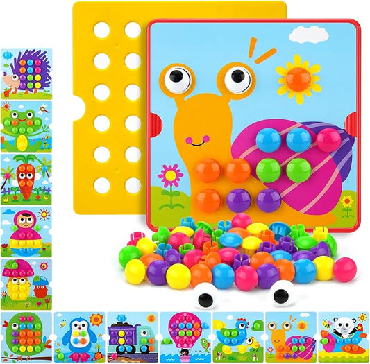 AluAbi Large Button Art Toy for Toddlers, Mosaic Peg Board, Ages 3+ | 12 picture cards and 46 colorful buttons; 10 x 10-inch color matching board with 1.4-inch pieces for fine motor play
