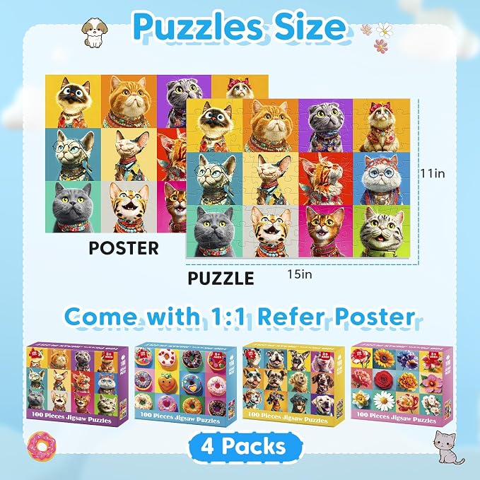 4 Packs 100 Piece Puzzles for Kids - Dogs Cats Donuts Flowers Puzzles | Kids Ages 4-6 6-8 8-10, Large Piece Puzzles for Kids & Seniors Adults Jigsaw Puzzles Educational Gifts for Girls Boys