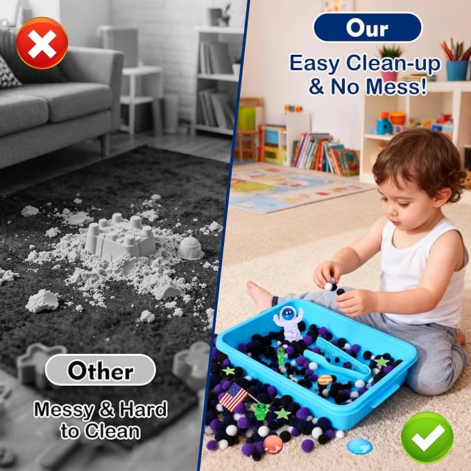 Space Sensory Bin for Toddlers, No-Mess Pom Poms Activity Kit | Galaxy Adventure Play Kit with Astronauts, Aliens, Planets & Star Map, Fine Motor Activity Gift for Preschool Kids Ages 3-6