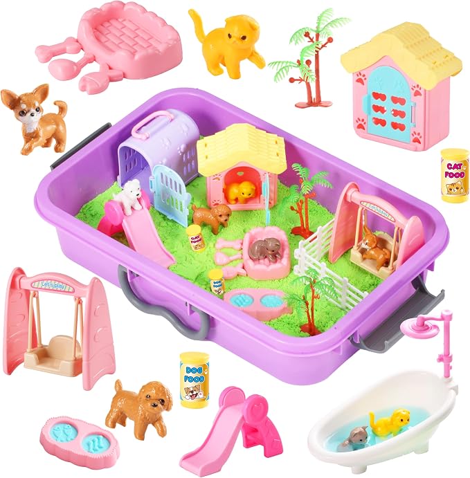 Carolart Pet Sensory Bin, Dog & Cat Sand Box Play Sand Kit, Sensory Toys | Sensory Sand Pet Care Play Set, Pretend Animal Toys, Sensory Kit Gift for Girls Boys, Interactive Sensory Play Ages 3+