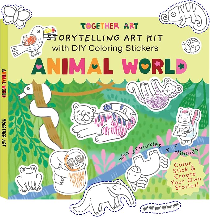 Animal World DIY Coloring Stickers for Kids - Arts and Crafts Kit, Color Your Own Sticker Set, Road Trip Travel Activity, Storytelling Craft Kits Birthday Gift for Girls, Boys Ages 3-10+