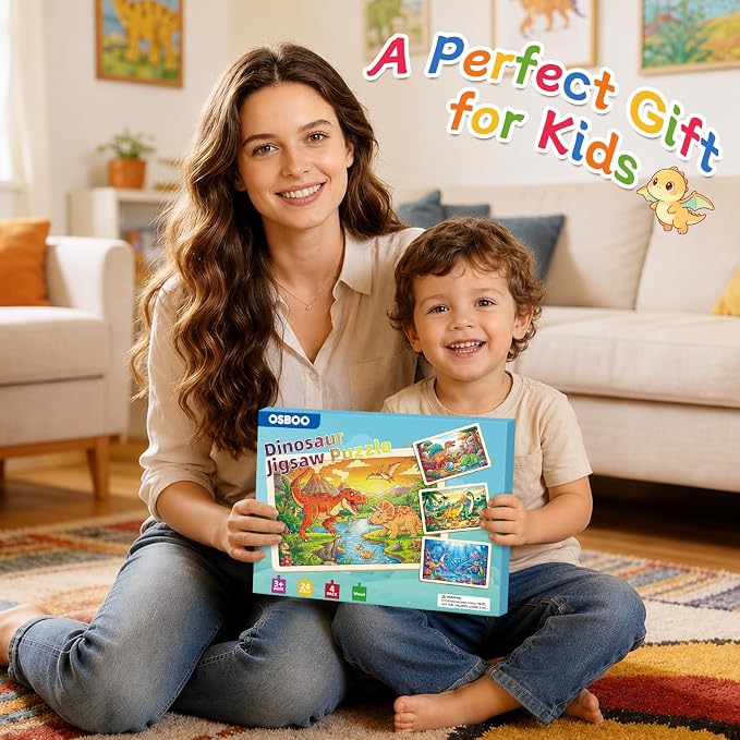 Puzzles for Kids Ages 4-6, 4-Pack 24-Piece Wooden Kids Puzzles | Dinosaur Adventure Themes | Educational Puzzles for Kids Ages 3-5, Age-Appropriate Learning Toys, Ages 3+