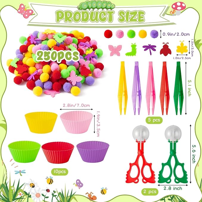 EZdhuawuse Summer Insects Sensory Bin Fillers Toys - Summer Party Gift 268Pcs Color Counting Sorting Fine Motor Toys Set for Kids, Felt Dragonfly Butterfly Pom Poms Cups Clips for Preschool Education
