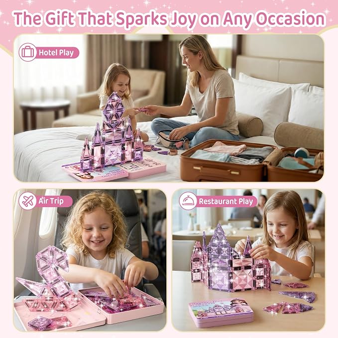 burgkidz Sparkling Glitter Magnetic Tiles: Castle Gift for Girls 3-8 | 42pcs pink-purple glitter, gift-ready tin, BPA-free, ASTM safe, strong magnets, 120min quiet, castle toy for girls 3-8