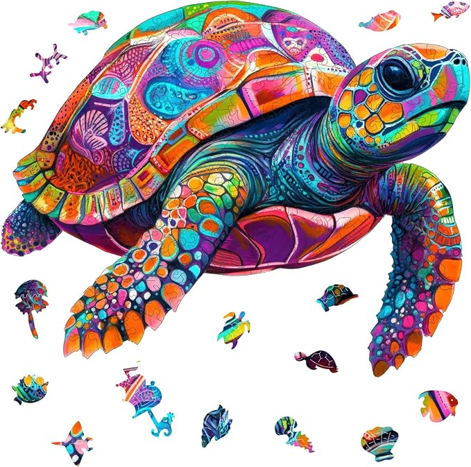 Mys Aurora Colorful Turtle Puzzles for Adults 500 Pieces Ocean Wood Puzzles | 5MM Thick Wooden Jigsaw Puzzles, Unique Shape Puzzle for Adults and Kids Birthday Gifts Family Game 17.3 * 17.3 inches