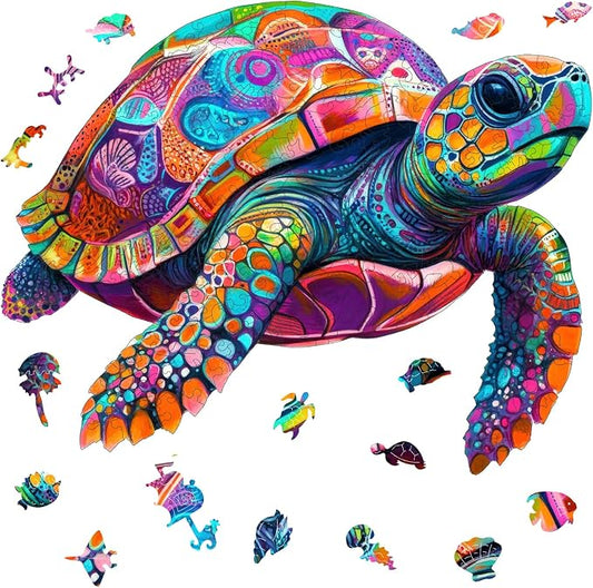 Mys Aurora Colorful Turtle Puzzles for Adults 500 Pieces Ocean Wood Puzzles | 5MM Thick Wooden Jigsaw Puzzles, Unique Shape Puzzle for Adults and Kids Birthday Gifts Family Game 17.3 * 17.3 inches