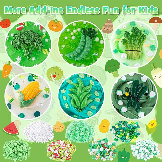 6-Pack Green Slime Kit for Kids, Cloud Butter Clear Crunchy Gift Set | Gradient green sensory slime with add-ins, party favor, goodie bag stuffer, Easter basket filler, ages 4-10