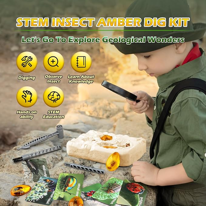 Woumserta Amber Dig Kits, Bugs Toys for Kids 5-7, 8 Insects Specimens Gifts | Fossil Dig Toys Bugs Science Kits for Bug Collection, Insect Toys for Boys Girls 5-7 8-12 Year Old Birthday Gifts