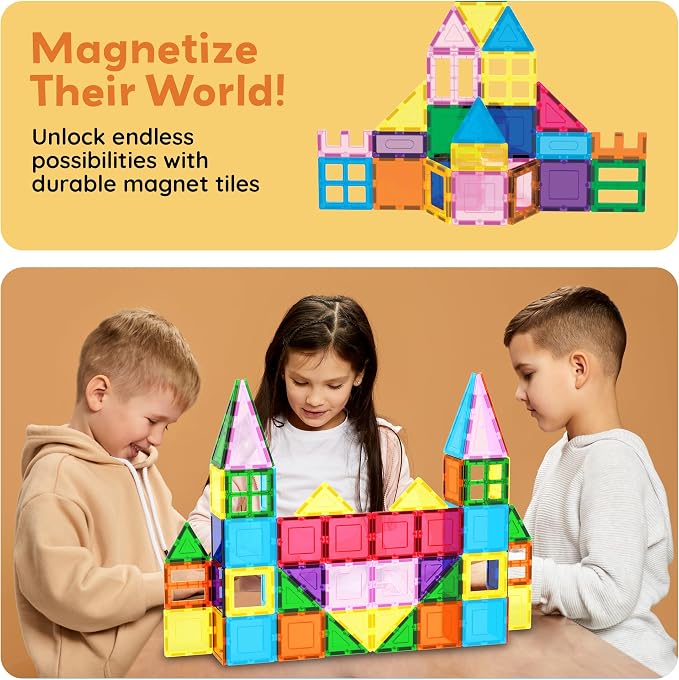 PicassoTiles 101 Piece Magnetic Tiles Building Set with Car & Bag Ages 3+ | BPA-free plastic, smooth-edge design, doors/windows, specialty shapes, spatial reasoning, hand-eye coordination, pretend play