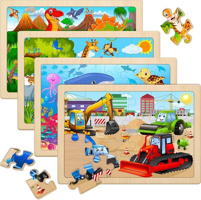 Wooden Puzzles for Kids Ages 4-6, 4 Pack 24 Pcs Toddler Puzzles Set for Ages 3-5, Educational Learning Toys Gift for Boys Girls 3 4 5 6 Year Old, Dinosaur Animal Ocean Vehicle