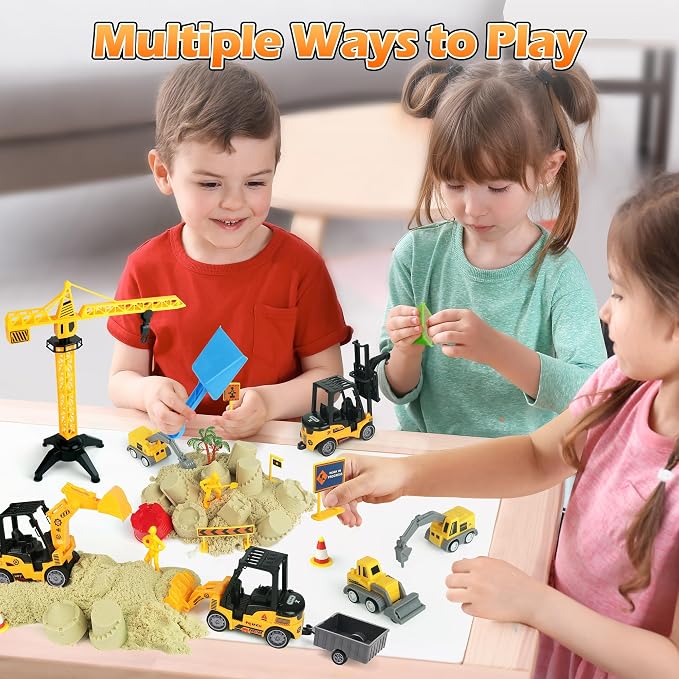 Helsort 37 Pcs Sand Construction Kit with Magic Sand, Sandbox, 8 Trucks | Foldable Sand Box, 2.2lbs Sand, 8 Construction Trucks, Crane, Worker, Road Signs, Molds, Shovel, Ideal Gifts for Kids 3+