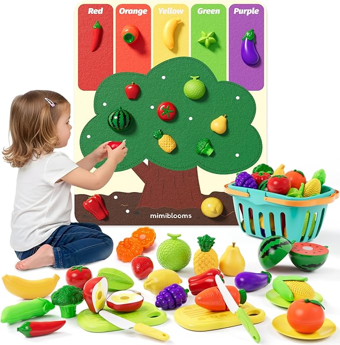 Color Sorting Play Food Set with Cutting Fruits&Felt Tree Mat | Pretend Food Play Kitchen Accessories,Food Playset, Preschool Learning Toys for Kids Ages 3 4 5 6 Boys Girls Gift