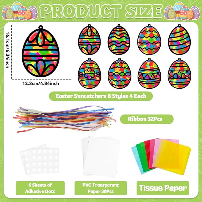 Lonfliness 32 Sets Easter Suncatchers Craft Kit DIY Egg Window Stained Glass Effect Paper Basket Style Home School Classroom Decorations Spring Art Craft Creative Games Activity Project Gift Favor